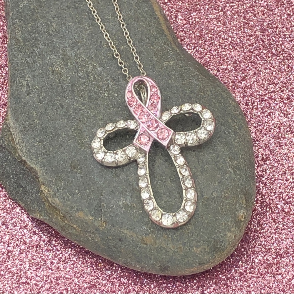 🌼 Pink Ribbon Cross Rhinestone Silver Breast Cancer Necklace